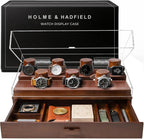 Premium 7 Slot Watch Box for Men - Large Wooden Watch Display Case with Hinged Cover, Leather Lining & Drawer - Watch Holder Organizer Stand - Handcrafted Luxury Christmas Gift for Men