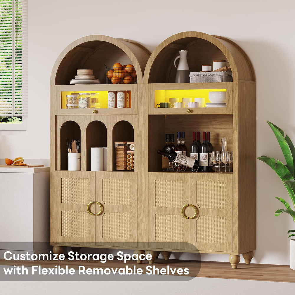 LIKIMIO 72.8'' Tall Arched Cabinet with LED Light, Rattan Door, Natur...