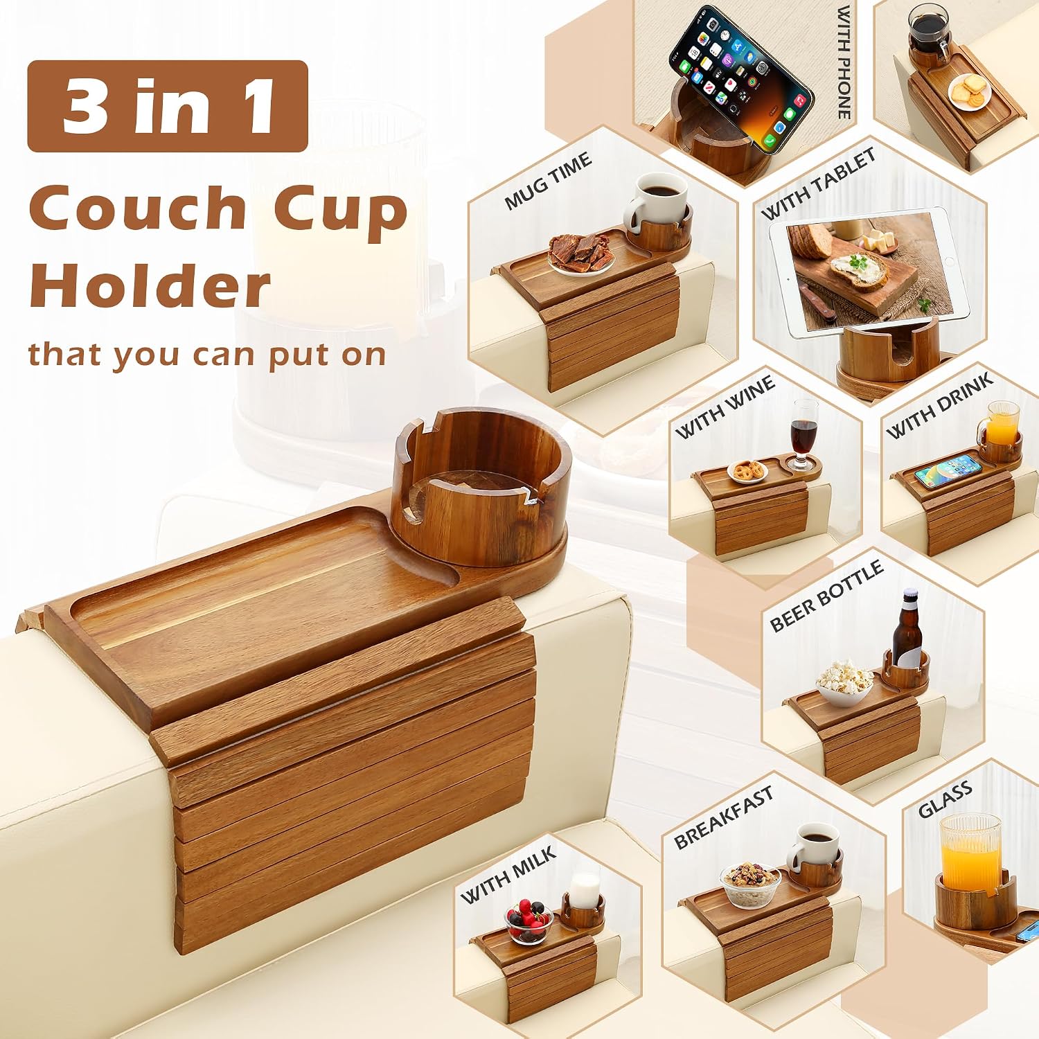Couch Cup Holder Tray, 15.75" Acacia Wood Couch Armrest Table, 3 in 1 Foldable Sofa Clip on Side Table with 360° Phone Stand, Armrest Tray for Coffee Snacks