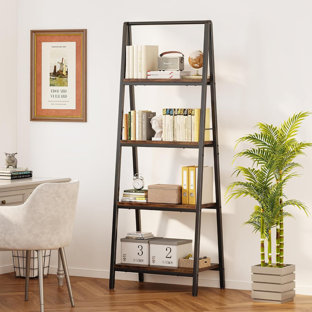 Homeiju Ladder Shelf, 4-Tier Leaning Ladder Bookshelf, Rustic and Wood Ladder...