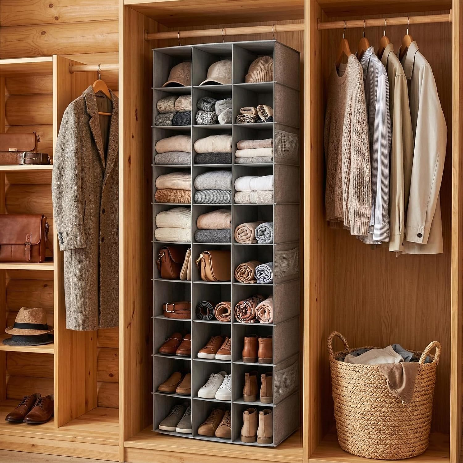 30 Section Hanging Shoe Organizer with Side Pockets, Grey | Hanging Closet Organizer and Storage for Wardrobe, Dorm, Bedroom, Space Saving Foldable Clothes Shelf with Sturdy Hooks