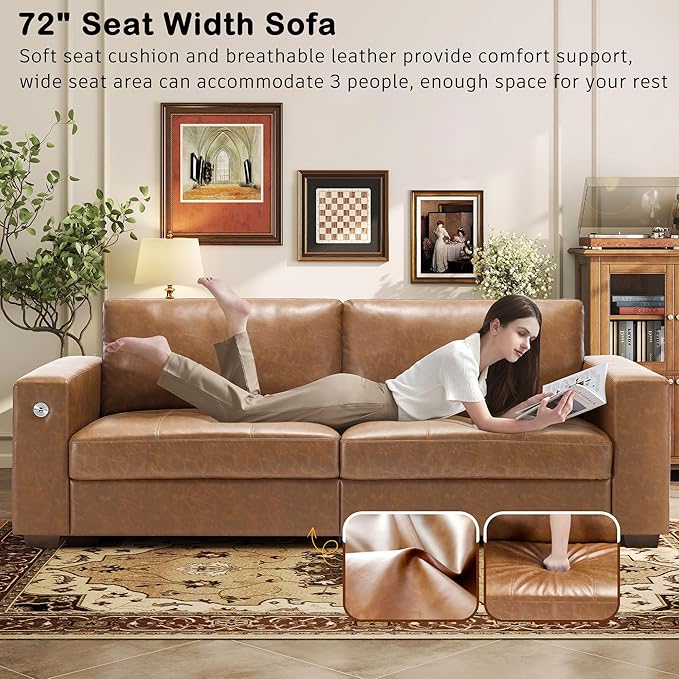 Hanherry Faux Leather 89" Sofa for Living Room, Modern Comfy Sofa with Medium Firm Seat Cushion, Removable Cover,Wide Armrest,USB/Type-C Port,Couches for Small Space,Apartment