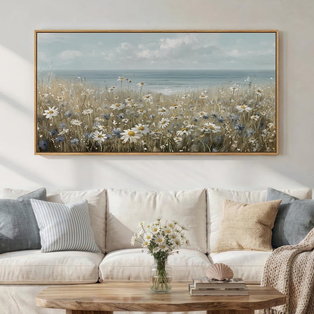 Large Framed Coastal Wildflower Landscape Wall Art for Living Room, 60x30