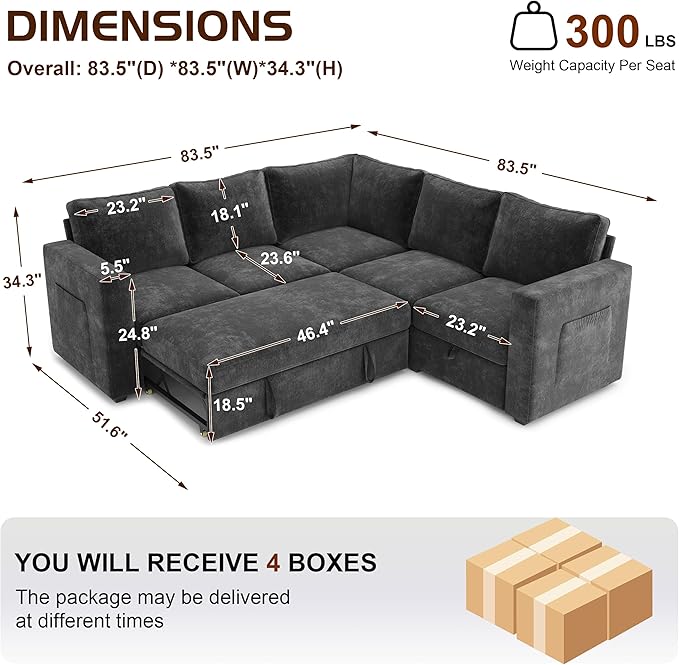 83.5" Sectional Sleeper Sofa with Pull Out Couch, Modern 5 Seat L Shaped Modular Couch, Sectionals Modular Sofa with Storage, Comfy Sectional Couches for Living Room & Apartment, Dark Gray