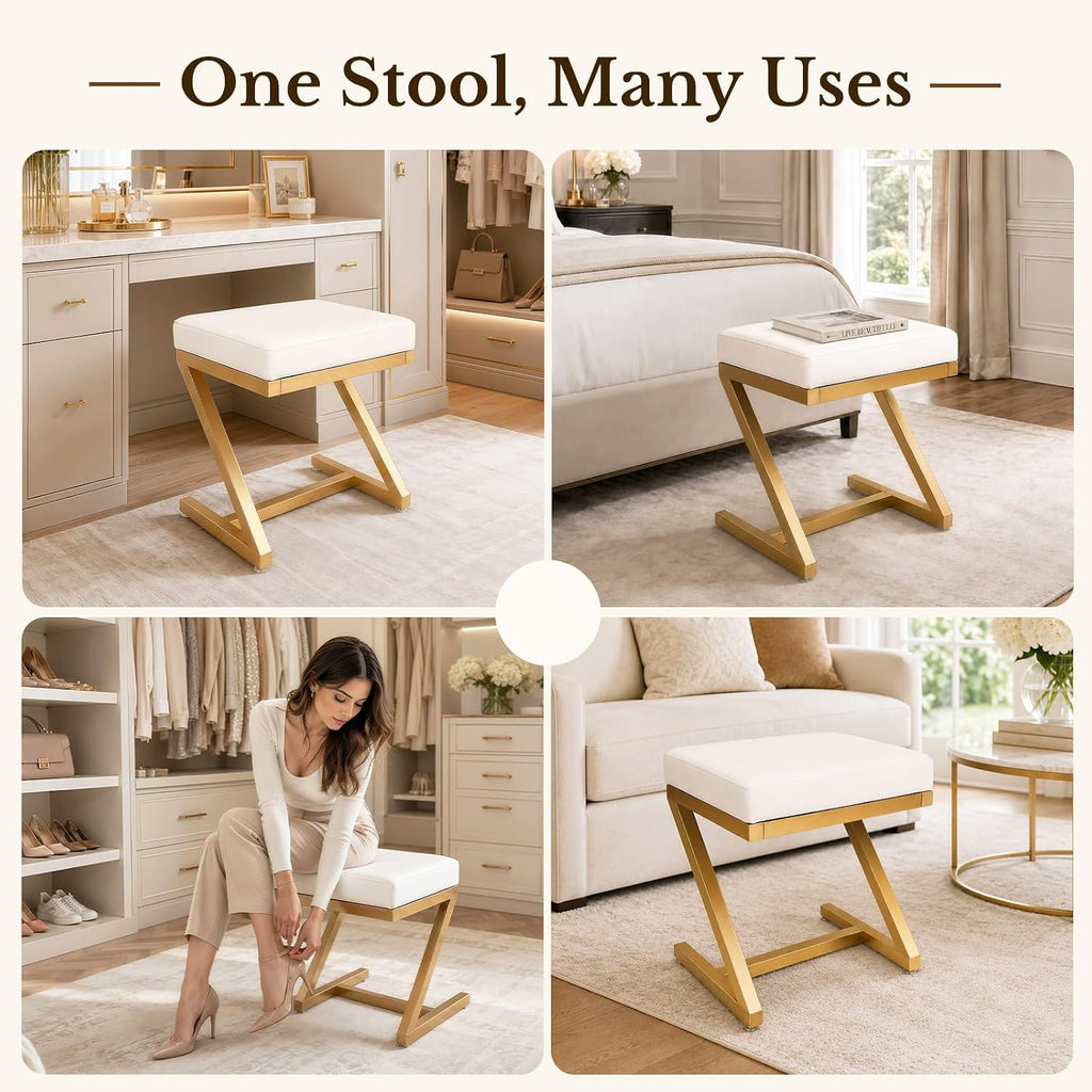 Makeup Vanity Stool Chair - Small Leather Upholstered Ottoman with Cushioned Seat and Metal Z-Frame for Vanity Desk, Bathroom, Bedroom and Dressing Room, Gold