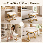 Makeup Vanity Stool Chair - Small Leather Upholstered Ottoman with Cushioned Seat and Metal Z-Frame for Vanity Desk, Bathroom, Bedroom and Dressing Room, Gold