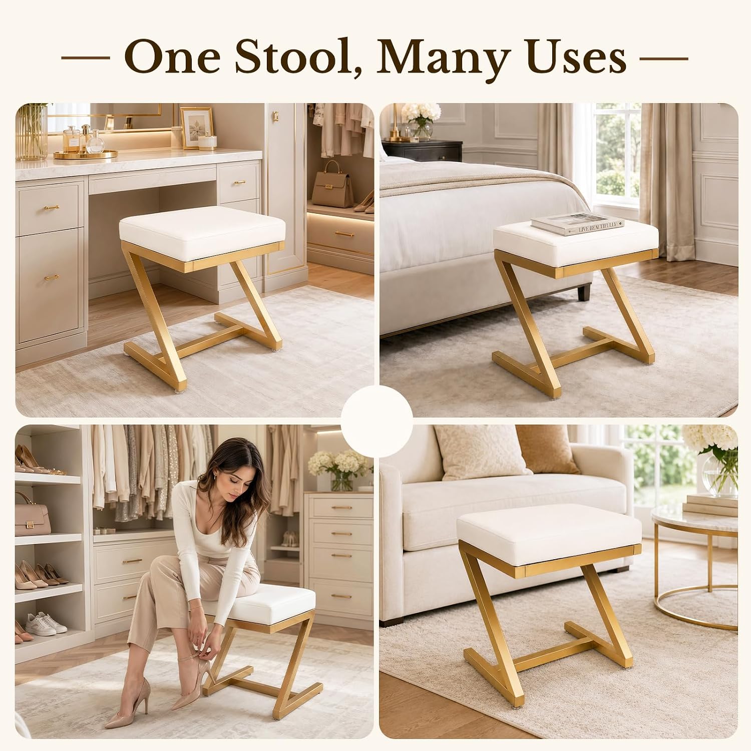 Makeup Vanity Stool Chair - Small Leather Upholstered Ottoman with Cushioned Seat and Metal Z-Frame for Vanity Desk, Bathroom, Bedroom and Dressing Room, Gold