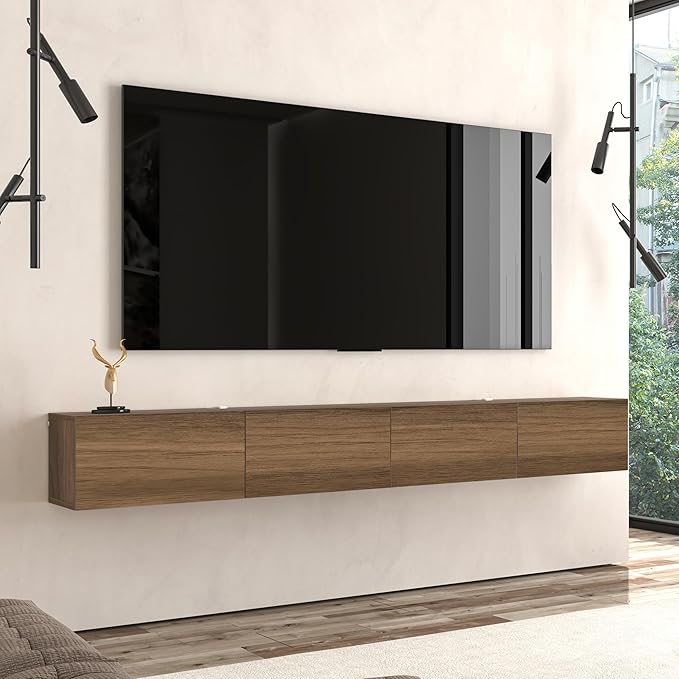 Atelier Mobili Floating TV Stand Wall Mounted for 75-85 Inch TVs - Modern Entertainment Center with Storage - 2-Piece Modular Design Easy Assembly - Walnut Wood Media Console Cabinet for Living Room