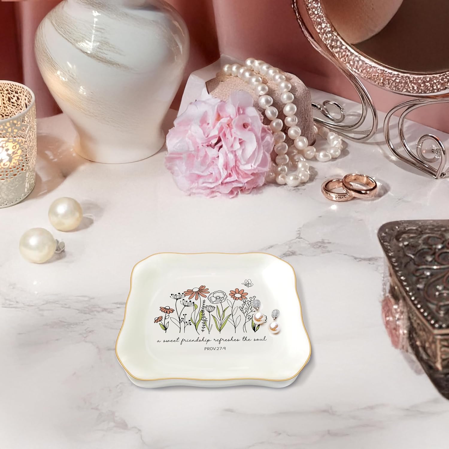 Christian Bible Verse Jewelry Dish Trinket Tray Gifts- Inspirational Ceramic Ring Jewelry Tray Gifts for Women-A Sweet Friendship Refreshes the Soul-Proverbs 27:9 (Inspirational)