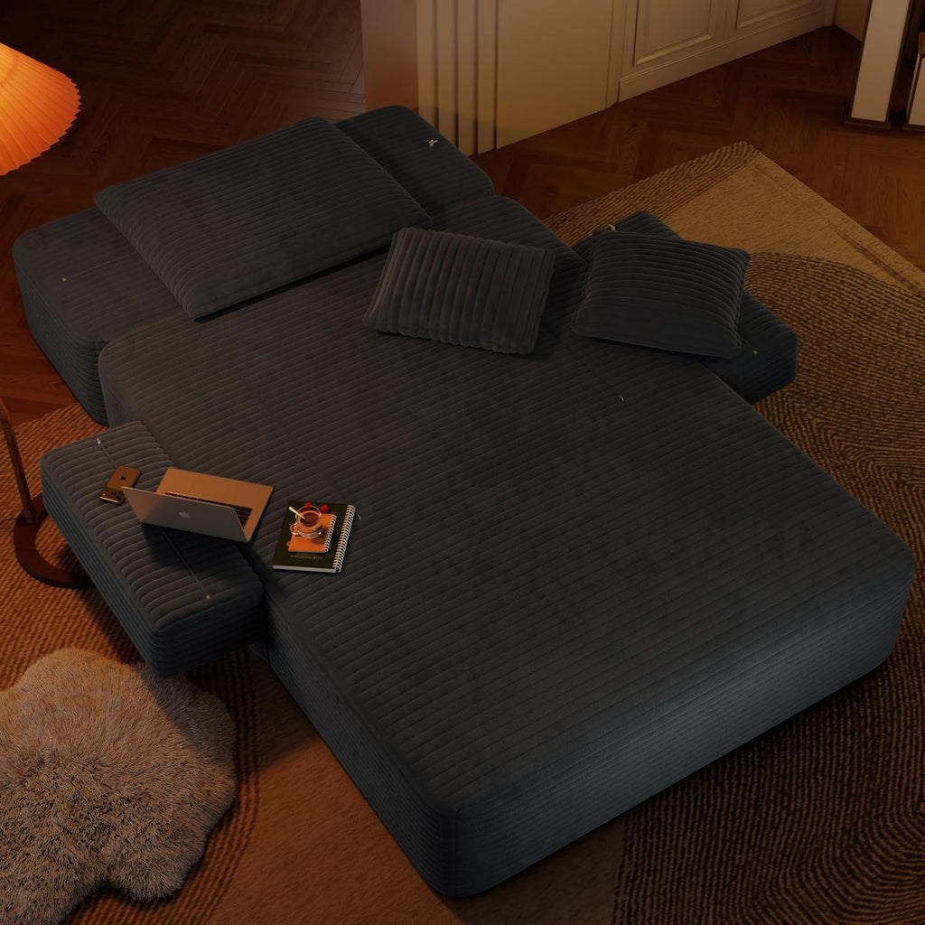 2-in-1 Convertible Chaise Lounge Indoor, 60.2" Corduroy Upholstered Chaise Lounge Chair that Converts to Sleeper Bed,Compressed Sofa with Side Storage Pockets and 3 Pillows for Bedroom Apartment Dorm