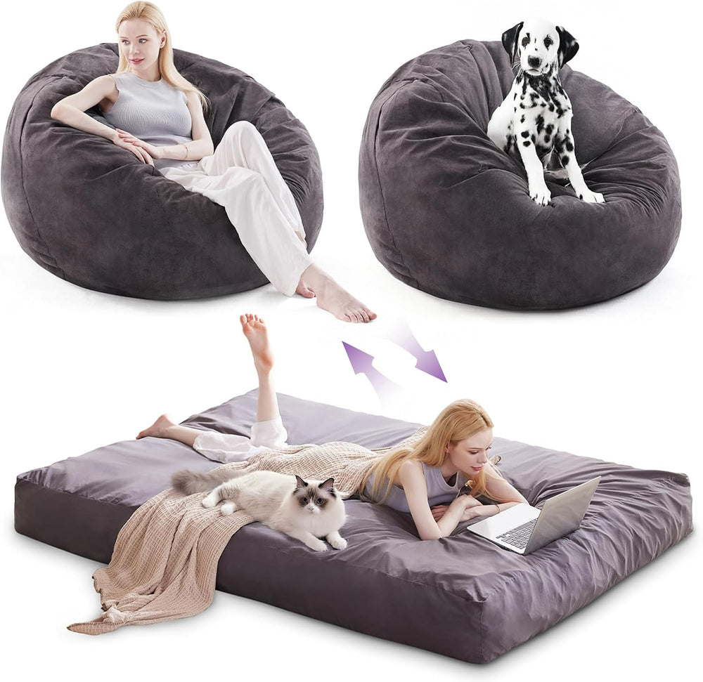Giant Bean Bag Chair Bed for Adults, Convertible Beanbag Chairs to Floor Matt...