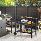 Grill Cart Table with Three Shelf, Movable Outdoor Dining Cart Pizza Oven Stand with Three Hooks, Kitchen Cart Island Multifunction Food Prep Table (Black)