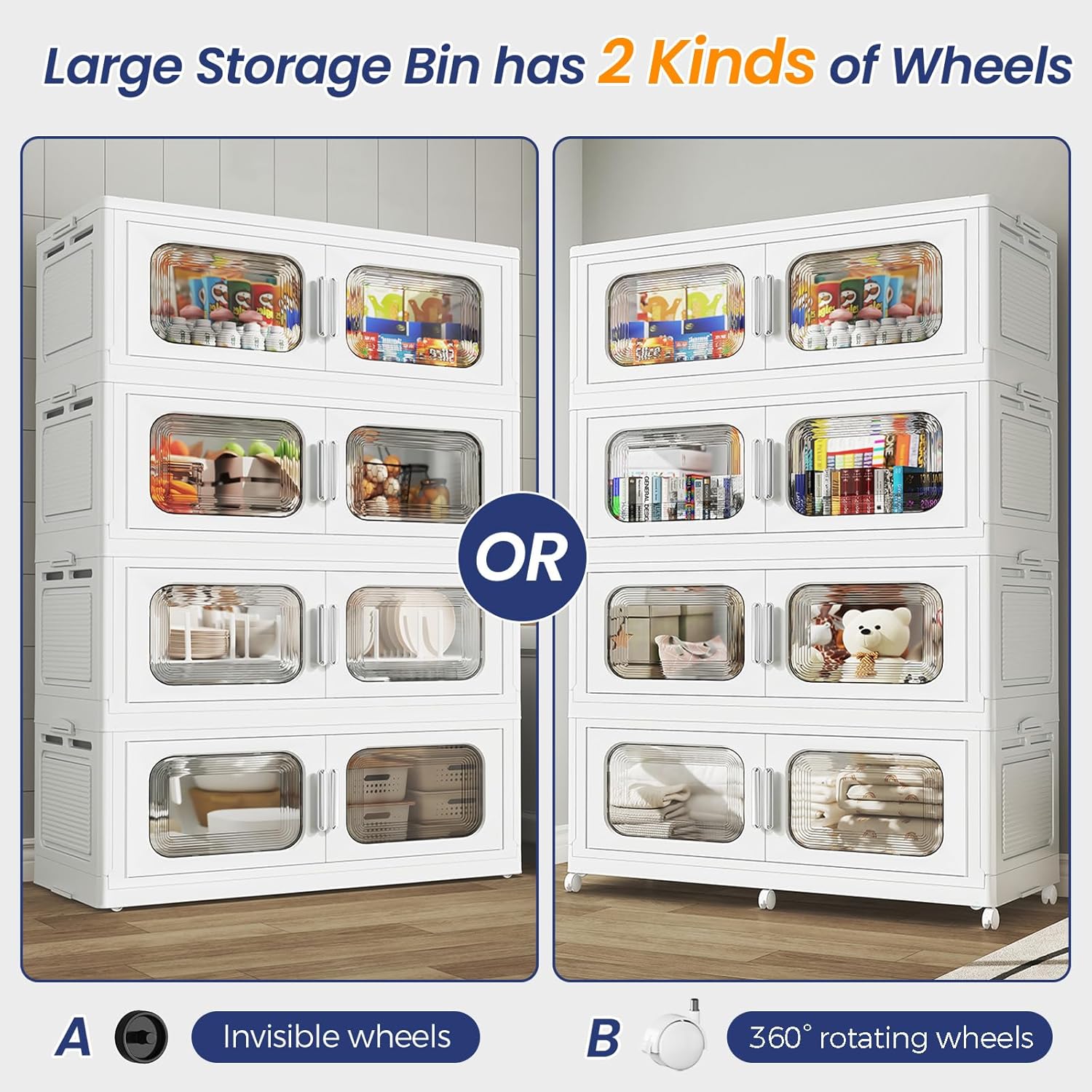 200 Gallon Extra Large Storage Bin with Lid and Wheels, Stackable Collapsible Plastic Storage Box with Door, Foldable Organizer for Closet, Kitchen, Office, Living Room, 4 Pack White