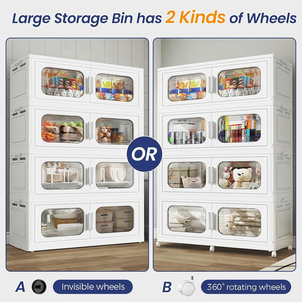 250 Gallon Extra Large Storage Bin with Lid and Wheels, Stackable Collapsible Plastic Storage Box with Door, Foldable Organizer for Closet, Kitchen, Office, Living Room, 5 Pack White