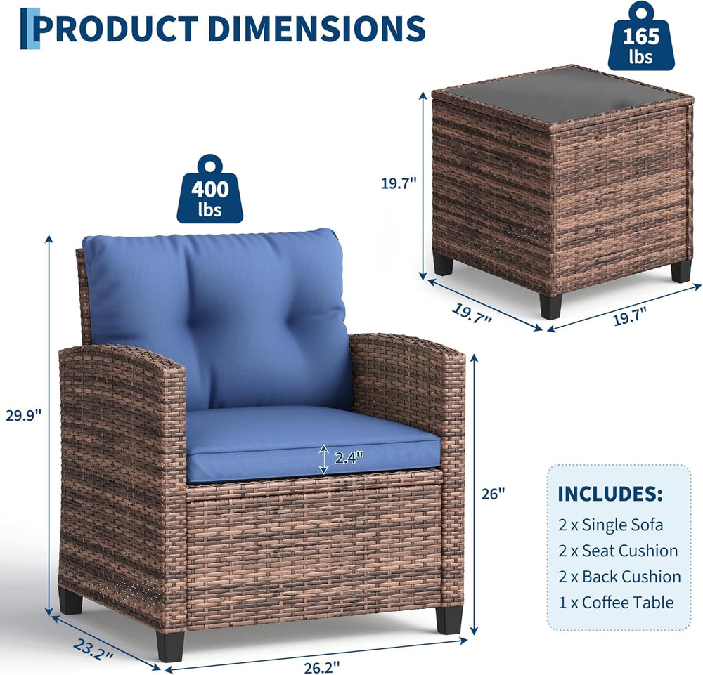 Garvee Outdoor Wicker Chairs,3 Pieces Patio Furniture Set,All Weather High Ba...