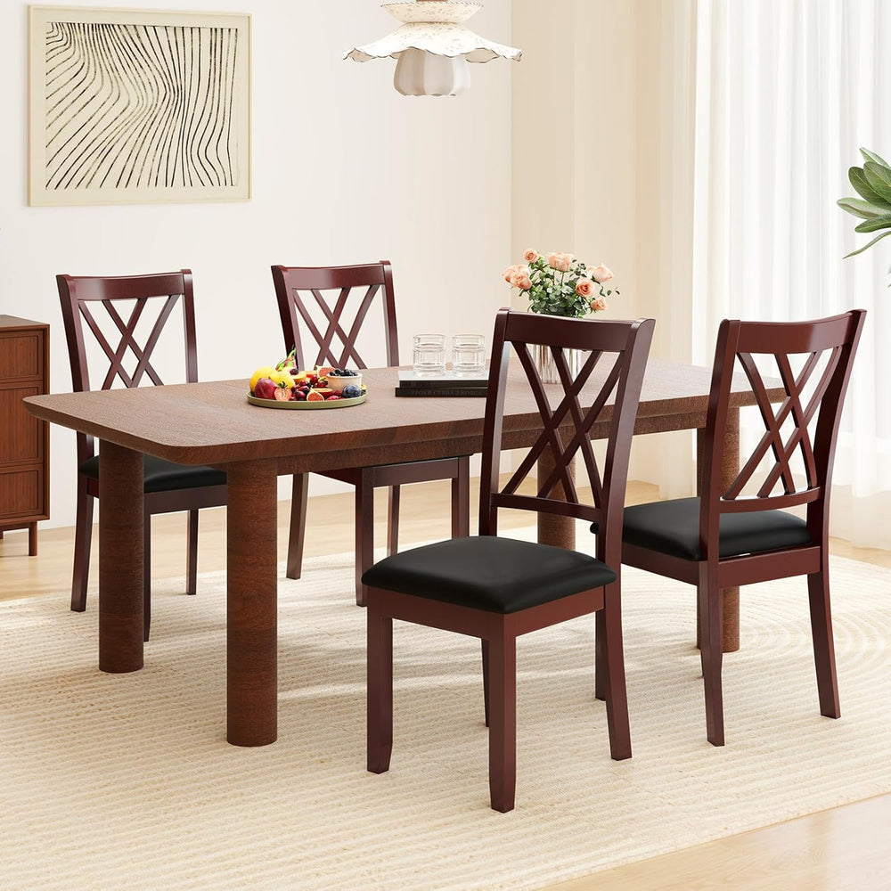COSTWAY Set of 4 Dining Chairs, Wooden Kitchen Side Chair with PU Leather Pad...