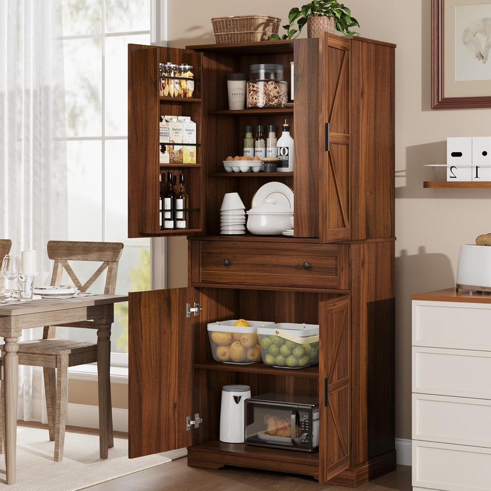 Garvee 71" Kitchen Pantry Cabinet, Barn Door Freestanding Cupboard with ...