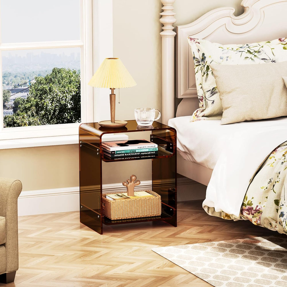 Acrylic End Table Record Player Table with Storage Shelf Clear Side Table Nig...