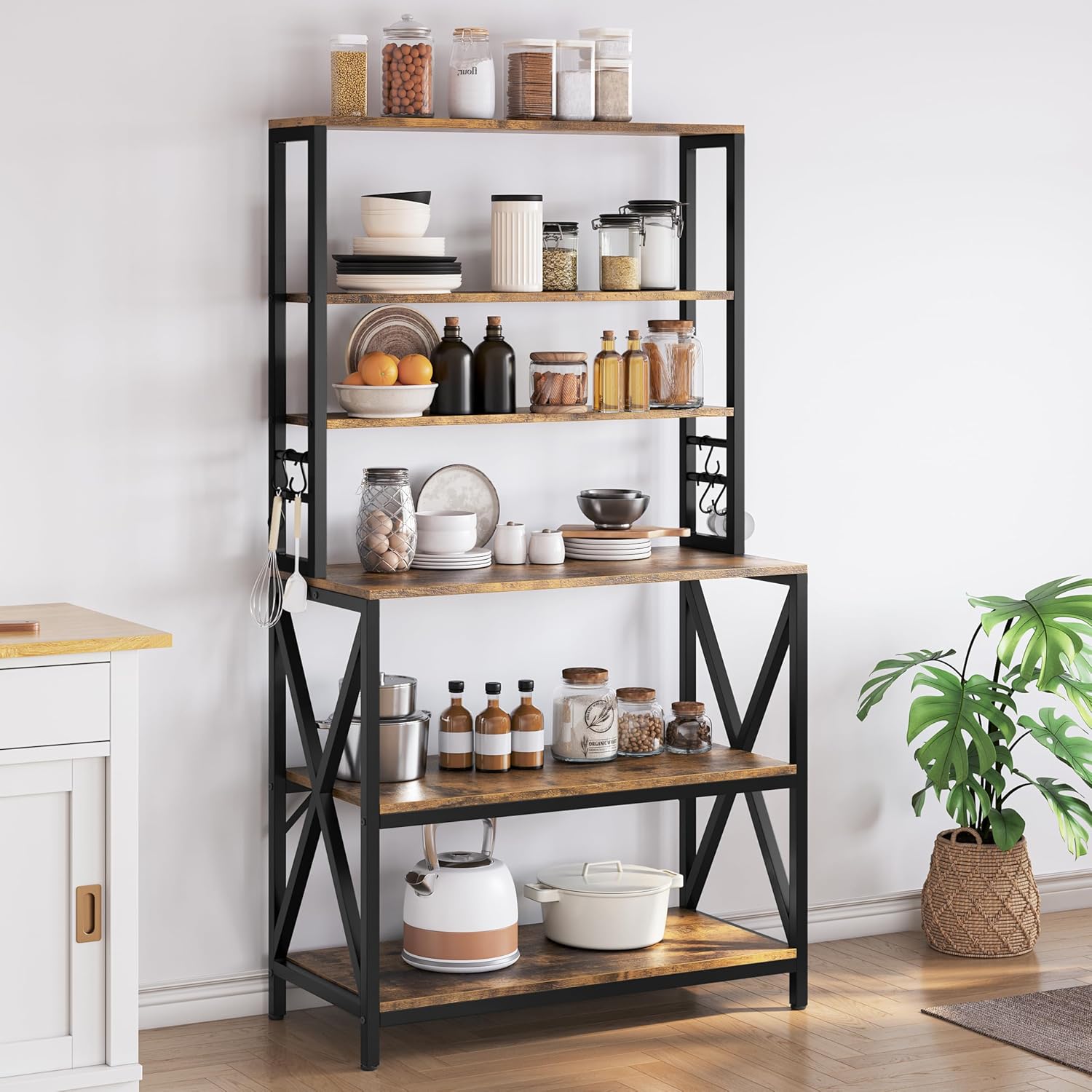 Yaheetech 6-Tier Bakers Rack,31.5“Coffee Bar,Microwave Stand,Rustic Brown | Farmhouse Microwave Oven Stand Cabinet for Small Spaces, Corner Organizer Storage Shelf for Spices and Pots