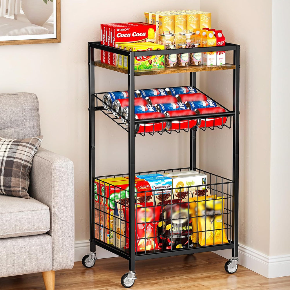 Fruit Vegetable Cart, 3-Tier Snack Kitchen Cart on Wheels & Wood Top, Uti...