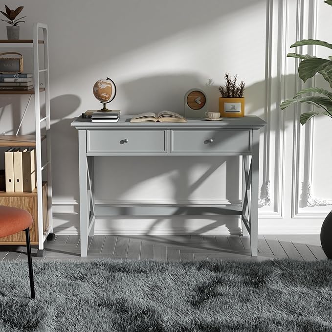 Computer Desk with 2 Drawers, Elegant Home Office Writing Study Desk with Storage, Modern Simple Vanity Desk Console Table for Living Room, Grey