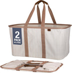 CleverMade Collapsible Laundry Tote - LUXE Cream Herringbone 2Pack 50L -Foldable Storage Organization Container Clothes Laundry Room Storage Solution