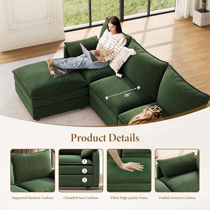 Vesgantti Large Modular Sectional Sofa, Big Comfy Cloud Couch with Ottoman Deep Seat Chenille Cloud Sofa, 8 Seater Large Sectional Couches for Living Room, Bedroom and Apartment, Green