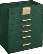 SONGMICS Jewelry Box Organizer with Glass Lid, 6-Layer Jewelry Storage, with 5 Drawers, Modern Style, Christmas Gift, 6.4 x 9.9 x 11.4 Inches, Forest Green and Gold Color UJBC171C01
