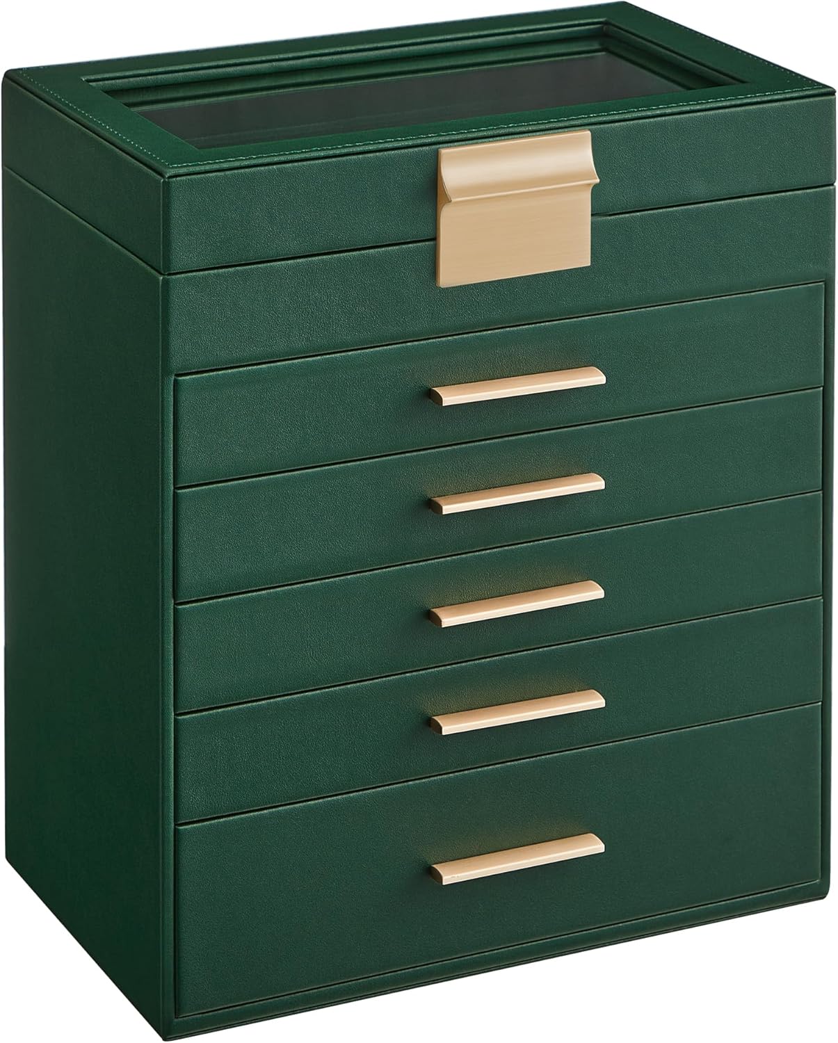 SONGMICS Jewelry Box Organizer with Glass Lid, 6-Layer Jewelry Storage, with 5 Drawers, Modern Style, Christmas Gift, 6.4 x 9.9 x 11.4 Inches, Forest Green and Gold Color UJBC171C01