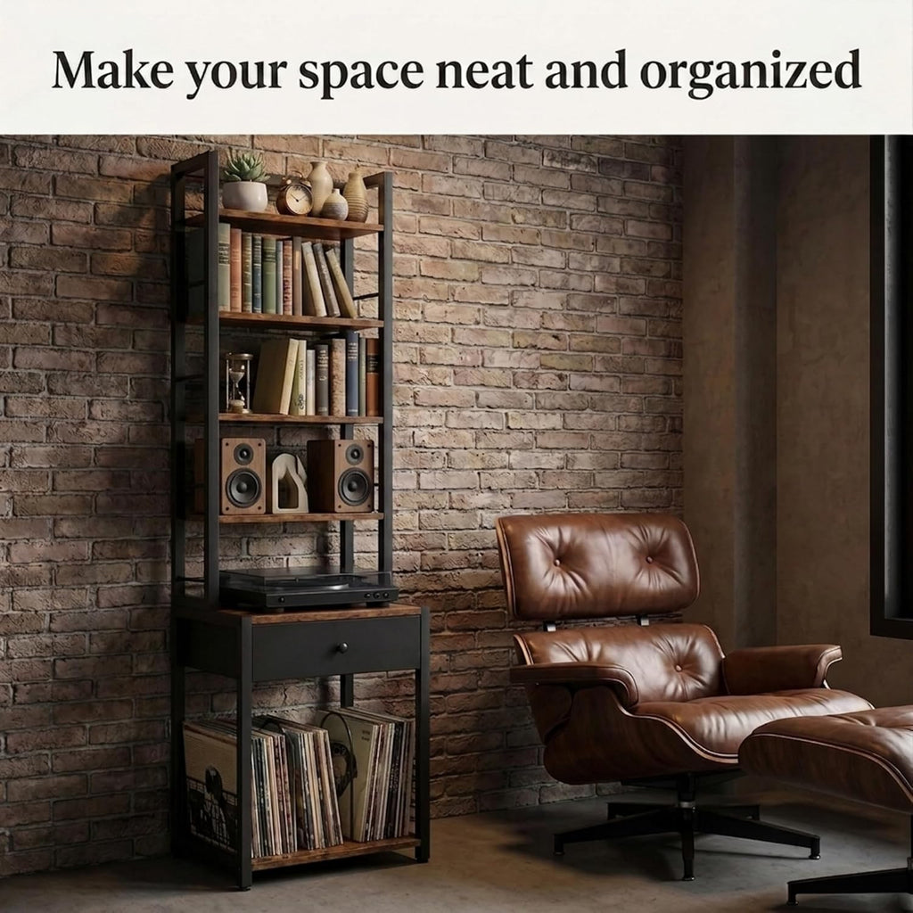 CD Storage Rack, 6-Tier DVD Organizer Shelf with Drawer & Adjustable Book Stoppers, Vinyl Record Holder &Multi-Purpose Media Organizer, Ideal for Living Room/Home Office,15.7x11.8x64.3Inch