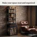 CD Storage Rack, 6-Tier DVD Organizer Shelf with Drawer & Adjustable Book Stoppers, Vinyl Record Holder &Multi-Purpose Media Organizer, Ideal for Living Room/Home Office,15.7x11.8x64.3Inch