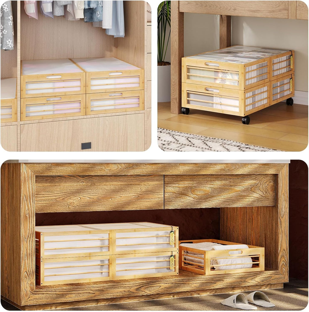 Bamboo Underbed Storage Containers with Wheels & Bag 2 Pack, Large Under Bed Rolling Storage Bins Wood Under Bed Clothes Storage Stackable Drawers for Bedroom Closet Under Crib Toy(Natural)