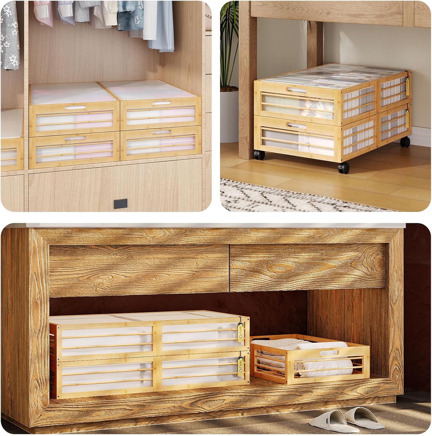 Bamboo Underbed Storage Containers with Wheels & Bag 2 Pack, Large Under Bed Rolling Storage Bins Wood Under Bed Clothes Storage Stackable Drawers for Bedroom Closet Under Crib Toy(Natural)
