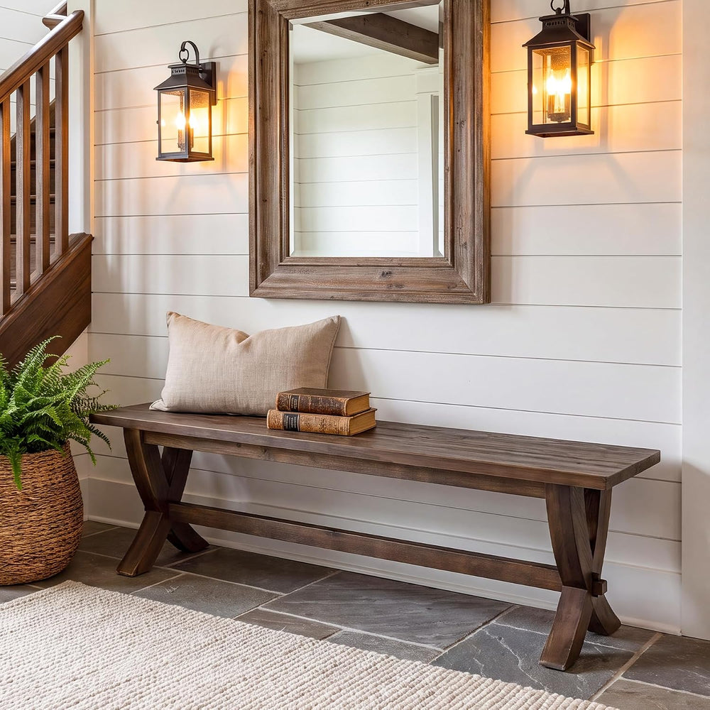 59" Solid Wood Entryway Bench, Farmhouse Long Dining Bench Seat with X-S...