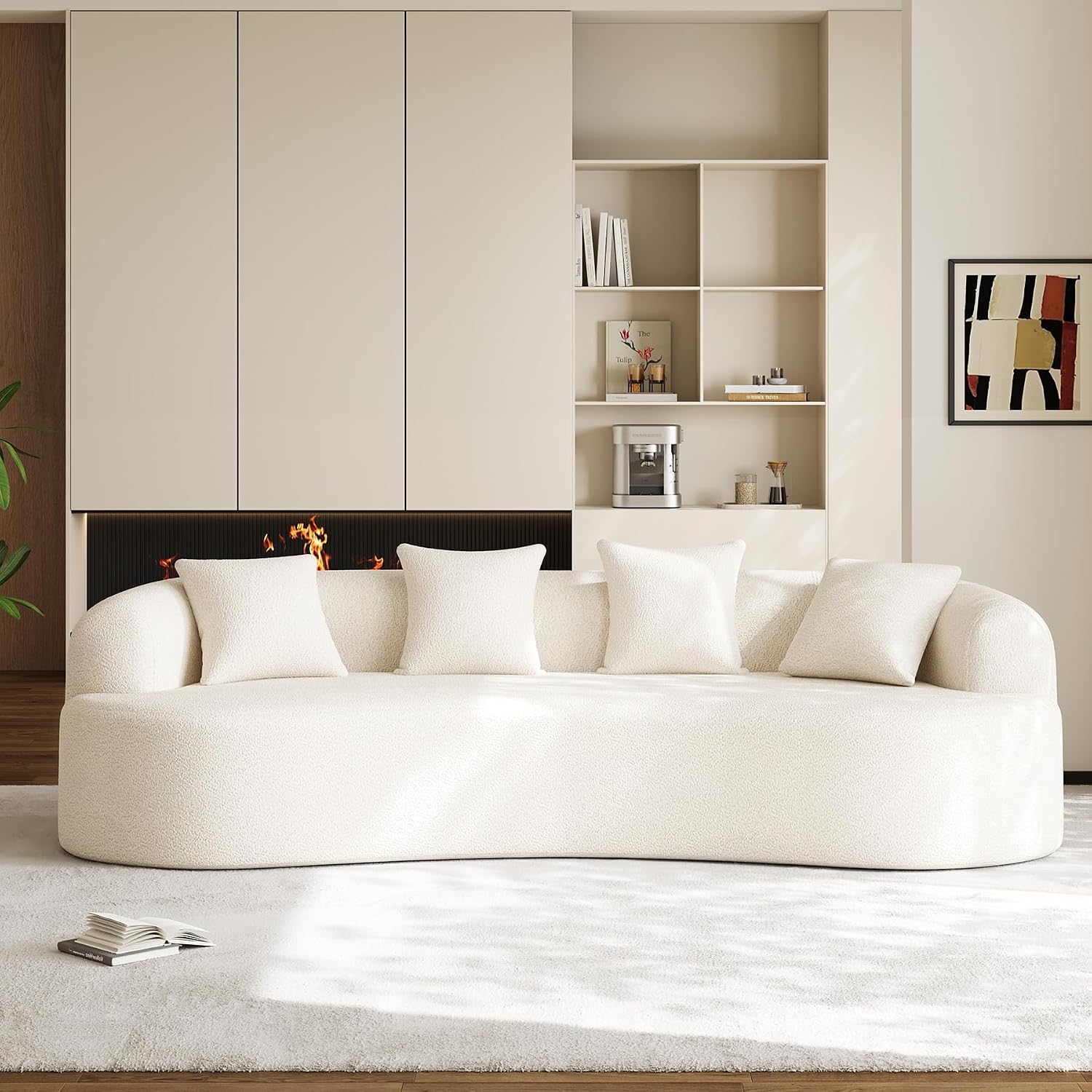 Modern Curved Couch,Oversized 4 Seater Boneless Chenille Sofa,Cream White | Oversized Curved Sofa with Deep Seats,High Foam and 4 Pillows,Cloud Couch for Living Rooms,Bedrooms ,Apartments,No Assembly