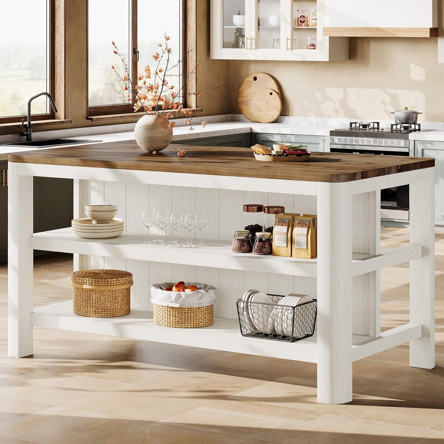 63-Inch Solid Wood Kitchen Island with Storage Shelves, Farmhouse Island Table with Seating, Counter Height Bar Table for Dining Room, Kitchen, Easy to Assemble, White and Brown