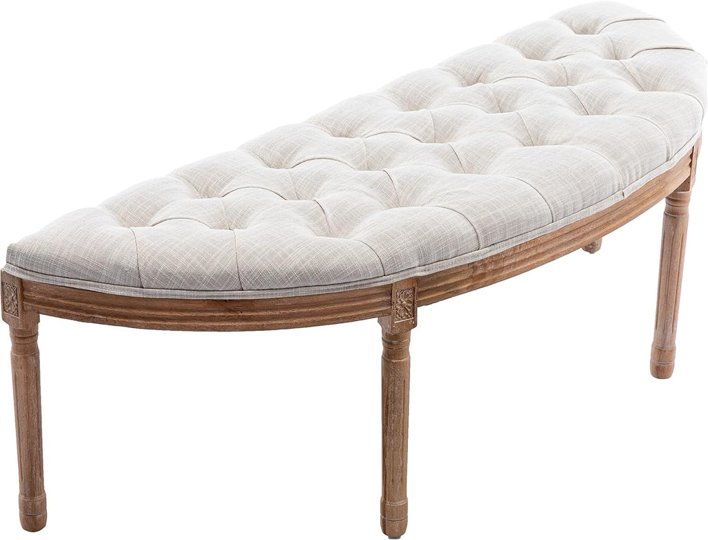 chairus 55" Button Tufted Semi-Circle Dining Bench Linen Halfmoon Entryway Bench Comfy Upholstered Bench Seat for Bay Window/Bedroom End of Bed/Living Room/Indoor, Beige