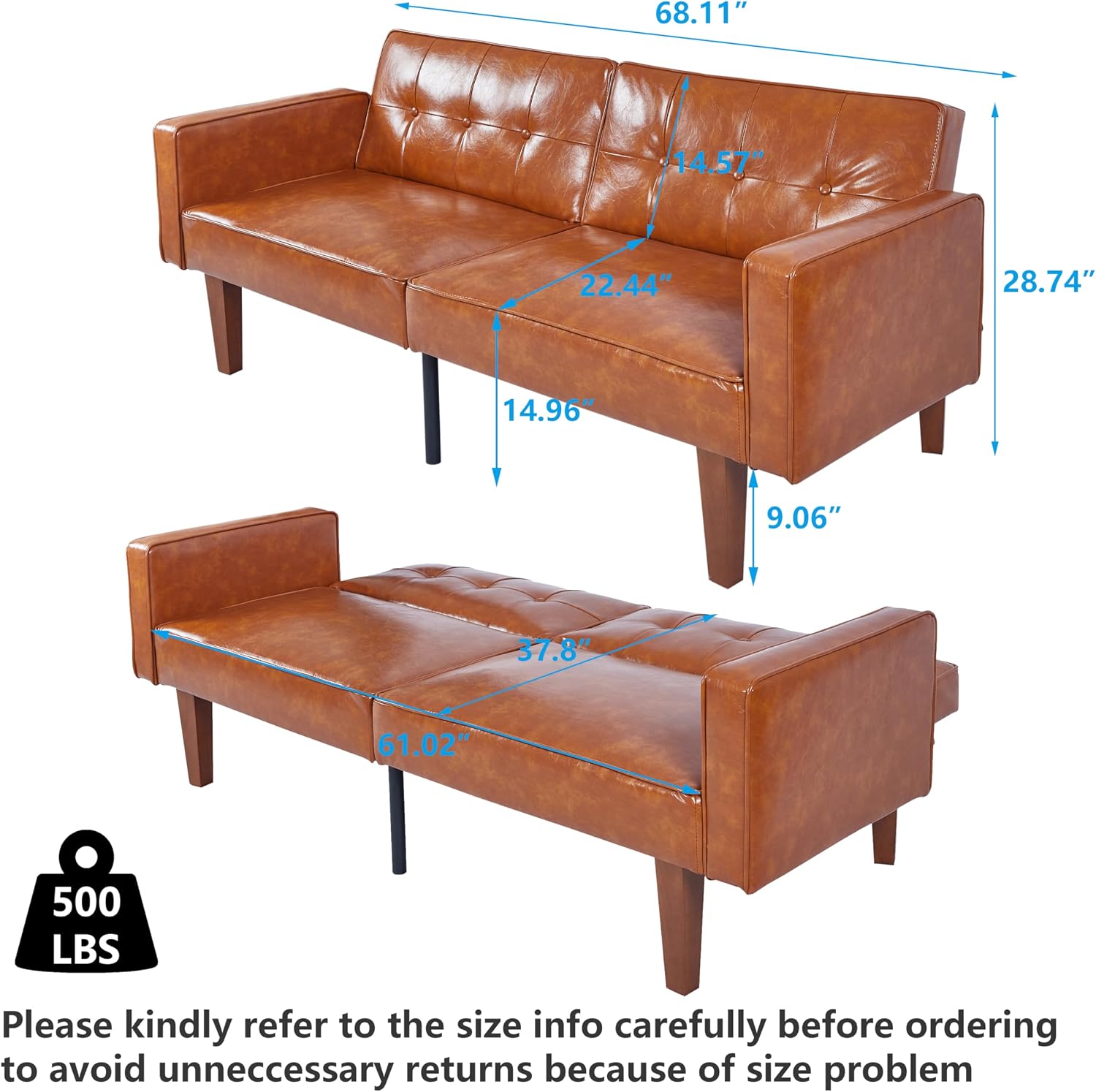 PU Leather Brown Futon Sofa Bed with Split Back,Mid Century Modern Convertible Sleeper Couch Beds,68.11" Tufted Loveseat Futons for Living Room RV, Small Spaces
