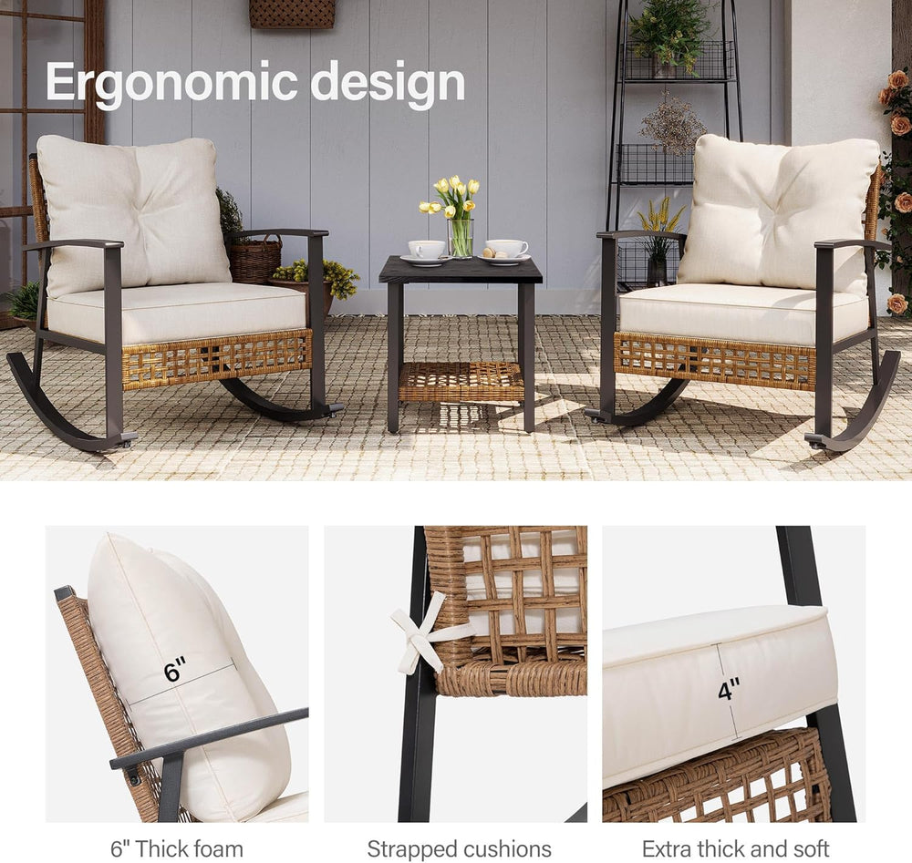 LAUSAINT HOME 3-Piece Rocking Bistro Set, Outdoor Patio Furniture with Thick ...