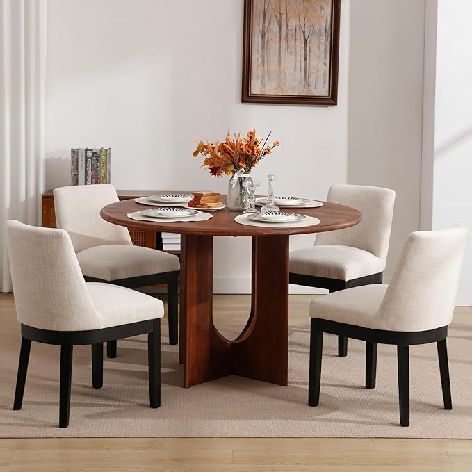 Modern Dining Chairs Set of 6 Comfortable Dining Room Chairs with Back, Linen Fabric Upholstered Kitchen Side Chairs with Black Wood Legs for Living Room, Beige