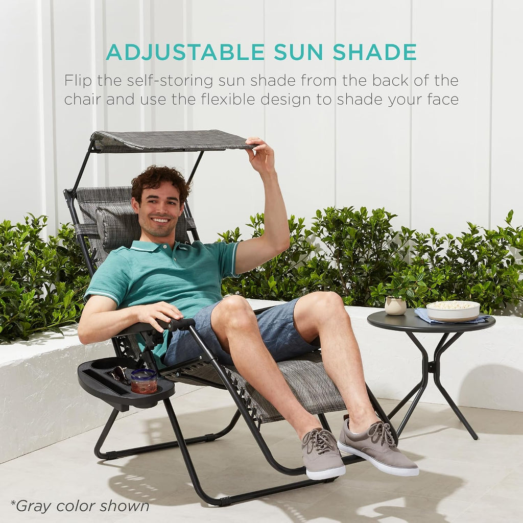 Best Choice Products Folding Zero Gravity Outdoor Recliner Patio Lounge Chair w/Adjustable Canopy Shade, Headrest, Side Accessory Tray, Textilene Mesh - Bubblegum Pink