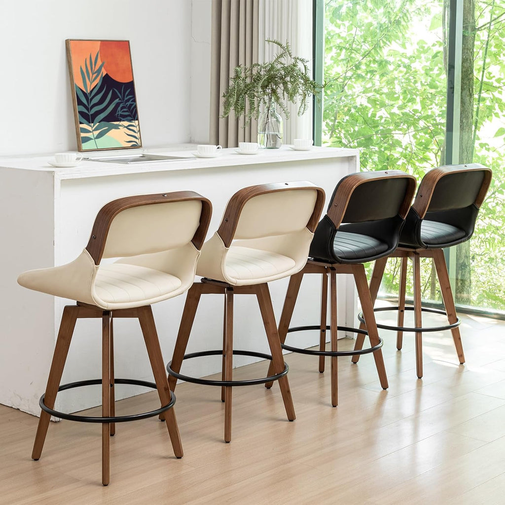 Set of 2 Bar Height Stools - 29.5 inch Mid Century Swivel Bar Stools with Upholstered Faux Leather, Walnut Crafts, Bamboo Legs, Kitchen Island Stools for Kitchen/Cafe/Pub/Island (Walnut Beige)