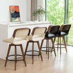 Set of 2 Bar Height Stools - 29.5 inch Mid Century Swivel Bar Stools with Upholstered Faux Leather, Walnut Crafts, Bamboo Legs, Kitchen Island Stools for Kitchen/Cafe/Pub/Island (Walnut Beige)