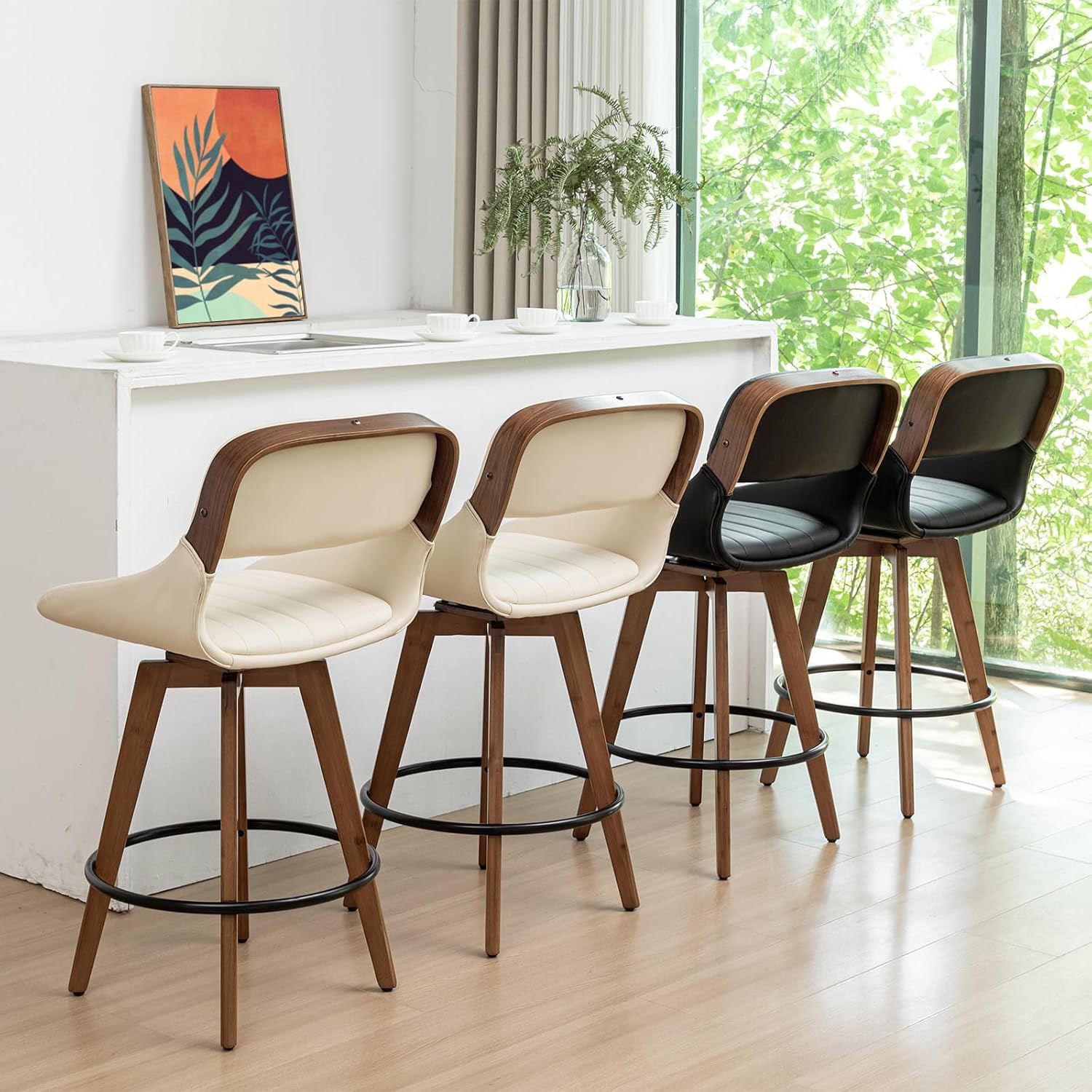 Set of 2 Bar Height Stools - 29.5 inch Mid Century Swivel Bar Stools with Upholstered Faux Leather, Walnut Crafts, Bamboo Legs, Kitchen Island Stools for Kitchen/Cafe/Pub/Island (Walnut Beige)