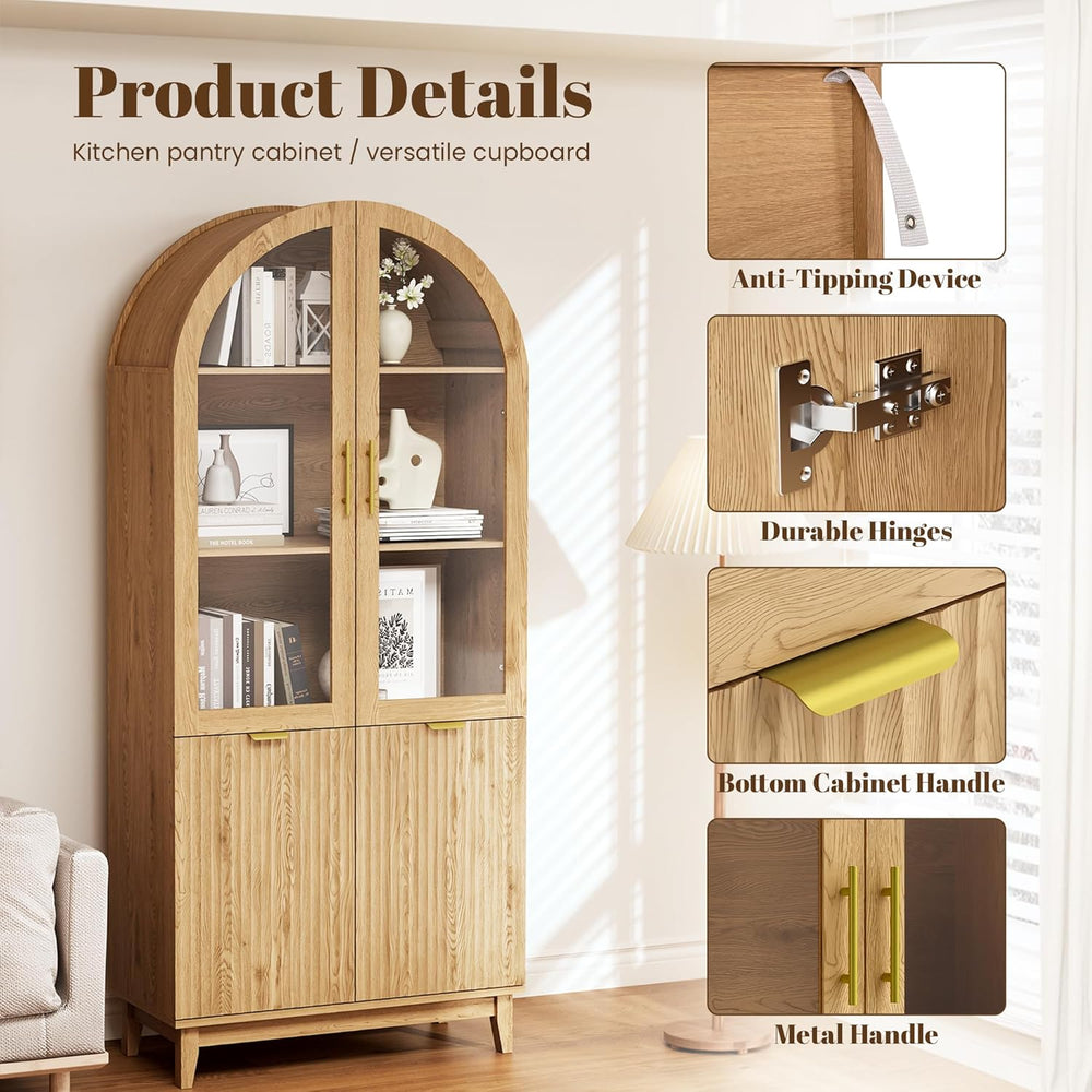 Pamapic 71" Tall Arched Cabinet, Fluted Kitchen Pantry with Glass Doors ...