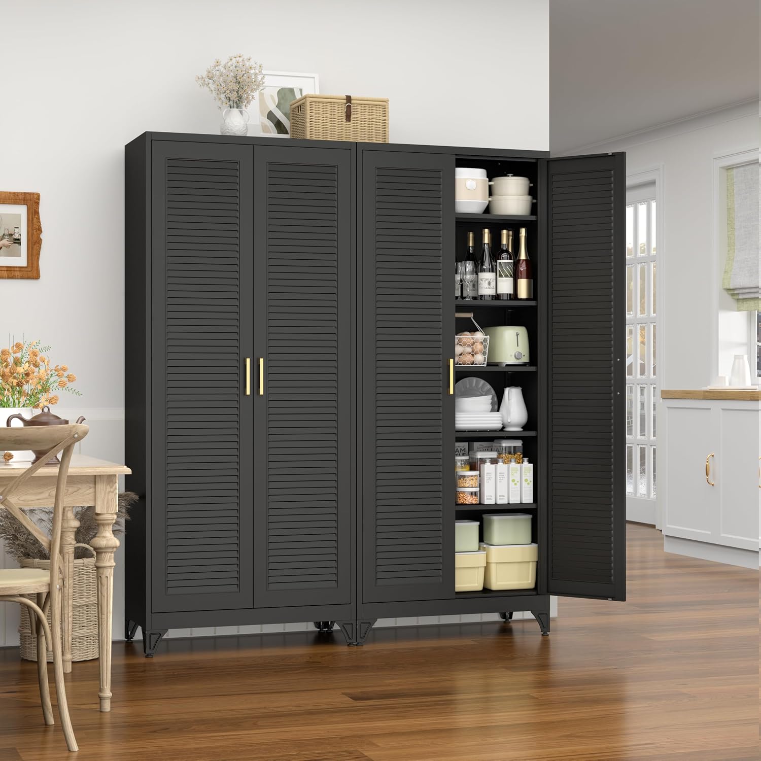 75" Tall Kitchen Storage Cabinets with 5 Adjustable Shelves, Black | Metal Storage Cabinet, Pantry with Louvered Doors, Large Cupboard, Locker for Kitchen, Office, School, Living Room, Dining