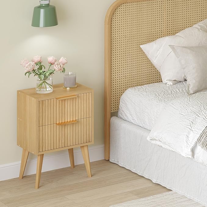 Fluted Nightstand with 2 Drawers,Modern Bedside Table with Metal Handles,Whit...