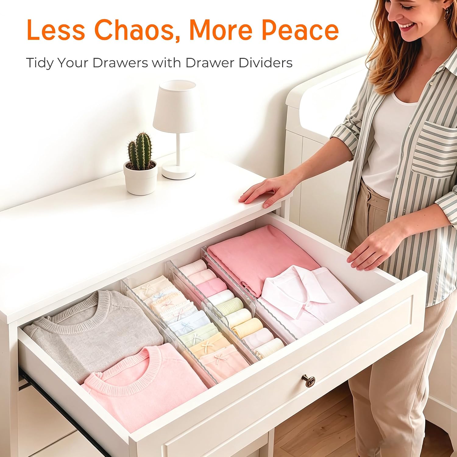 4 Pack 4" High Drawer Dividers for Clothes, 10.2"-16.5" Expandable Dresser Drawer Organizers, Adjustable Plastic Clear Drawer Separators for Kitchen, Baby Clothing, Socks, Underwear, Bedroom
