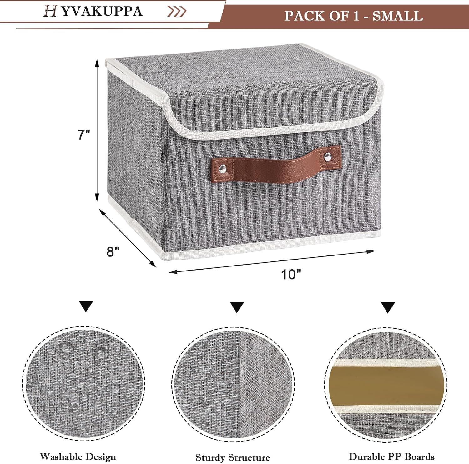 Collapsible Storage Boxes Baskets with Lid Cotton Linen Fabric Storage Bins with Faux Leather Handles Decorative Washable Cube Organizer Container for Home Closet Bedroom (Gray, Small Size)