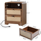 Modern Night Stand with Charging Station and 2 Drawers, Wooden Side Table Curved Nightstands with USB/Type-C Ports, Large Mid Century End Table for Living Room, Bedroom, Nature Linen, Walnut